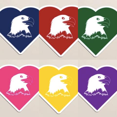Eagle mascot heads are shown inside of a heart, with 6 different colors shown.