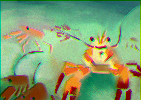 Blurry visages of tuna crabs underwater.