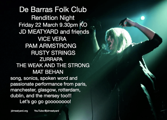 tour poster Ireland with Vice Vera on the right, screaming and performing. Announcement on the left De Barras Folk Club