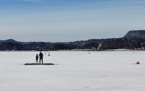 A statue of a man and a child, on a rock surrounded with ice. Hills on the horizon.