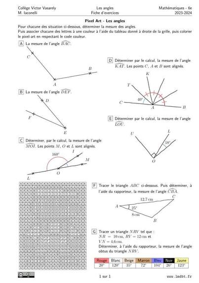 Fiche d'exercices - Pixel Art sur les angles.