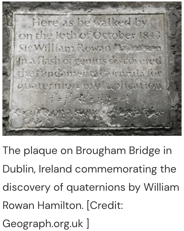 The plaque on Brougham Bridge in Dublin, Ireland commemorating the discovery of quaternions by William Rowan Hamilton.