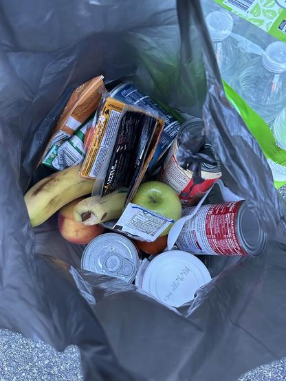 the inside of a food bag, which contains fruit, cans, snacks, and hot hands
