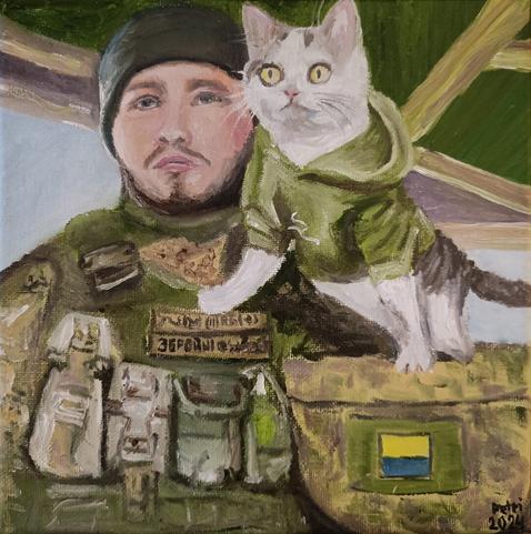 An oil painting of Ukrainian soldier with a white-gray cat with a green hoodie. Both standing in watch.