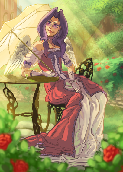 Multics-tan is depicted as a mature woman, mid-to-late 20s in apparent age, a little above average height with shapely hips, a curved waist and modest chest. She has long, slightly-waved dark plum hair, cornflower blue eyes and wings covered with mottled gray and black feathers. In the prime of her life, she often dressed in Rococo-inspired gowns, with deep necklines, multiple layers, corsets, hoop-skirts, bustles and petticoats common occurrences in her wardrobe. She is often depicted as having multiple piercings in both ears, wearing lipstick and eye-makeup and copious amounts of gold jewelry. Post-revival Multics dresses simply - usually being depicted in a sleeveless long off-white sundress and sporting henna-like adornments on her hands, feet and forehead.