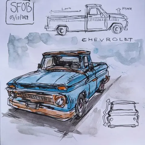 Watercolor sketch of an old blue Chevrolet pickup truck