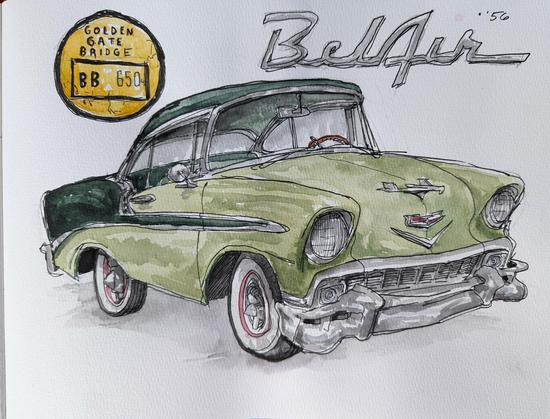 Watercolor sketch of a green 1956 Chevrolet Bel Air coupe, with an inset detail of an old Golden Gate Bridge toll sticker