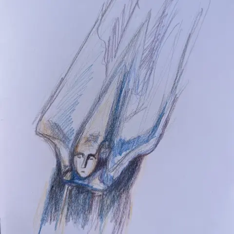 Expressive colored pencil sketch of a 1946 Cadillac hood ornament