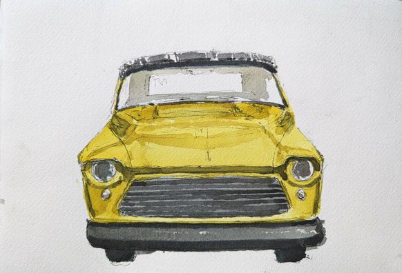 Watercolor sketch of a customized yellow and black Chevy pickup from the early 1960s