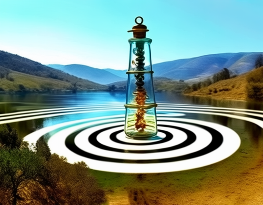 A transparent glass container, divided in three, tapered, with a dna-like spiral inside is balanced on a force field of concentric white circles on the surface of a lake. The background displays a peaceful valley with gentle hills.