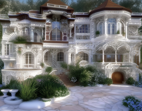 Multi-story villa with ornate white lace-like architectural details, sunlit ambience, surrounded by lush greenery and a paved stone front drive.