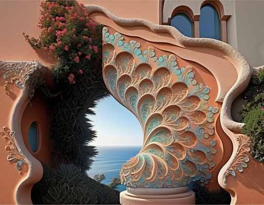 An architecturally unique building with a sculptural element resembling a peacock's tail, deigned to lift and protect the surrounding gardens. An opening through the building frames an ocean view.