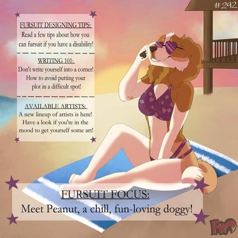 Furry Weekly Issue 292 cover. Peanut the dog in a swimsuit and shades, sitting on a beach towel, enjoying the day. Art by lil.fur.bean on Instagram