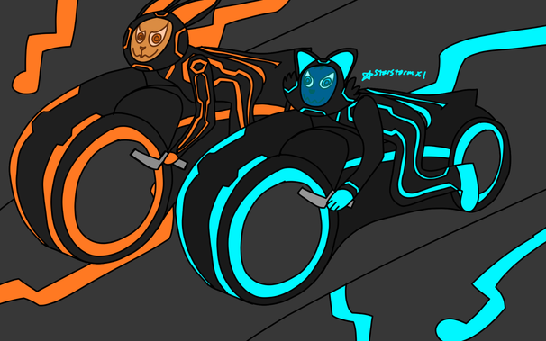 On a dark grey cyberspace background with orange and blue lines, a cat and rabbit are riding lightcycles (of the Tron: Legacy variety) matching the colors of the background