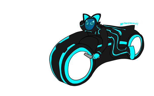 A cat riding a blue lightcycle