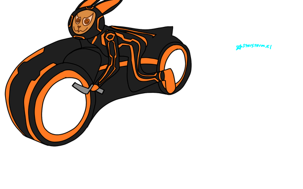 A rabbit riding an orange lightcycle