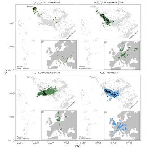 Figure 2. Ancient individuals are highlighted on the western Eurasian PCA and in315 geographical space for the main four steppe-related clusters. On the PCA, samples older316 than 2800 BP are indicated with a ‘.’, on the map, only samples older than 2800 BP shown.