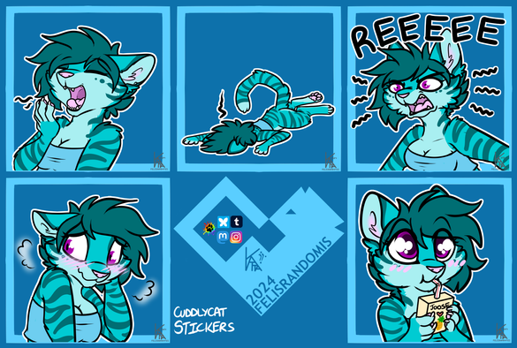 Digital art of a teal striped cat character made for telegram/discord stickers. Yawn, Big blush, flopped forward, loud angry ree, sipping pineapple juice cutely