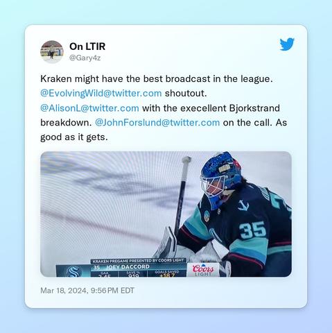 Kraken might have the best broadcast in the league. @EvolvingWild shoutout. @AlisonL with the execellent Bjorkstrand breakdown. @JohnForslund on the call. As good as it gets. https://t.co/ed0QZQlS4c