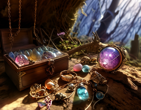 By a tree in the woods, an antique woooden box overflows with colorful gemstones glowing with mystical light. Various pieces of magical jewelry are scattered across the rough ground.