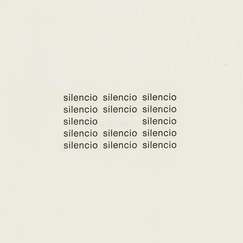Black text on a white background with the word “silencio” repeated in a rectangle, and a blank space in the center.