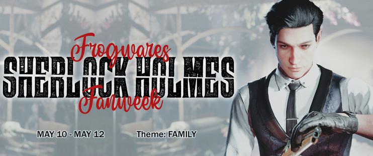 Banner for the fanweek, featuring Chapter One Sherlock and the information on the theme and dates.