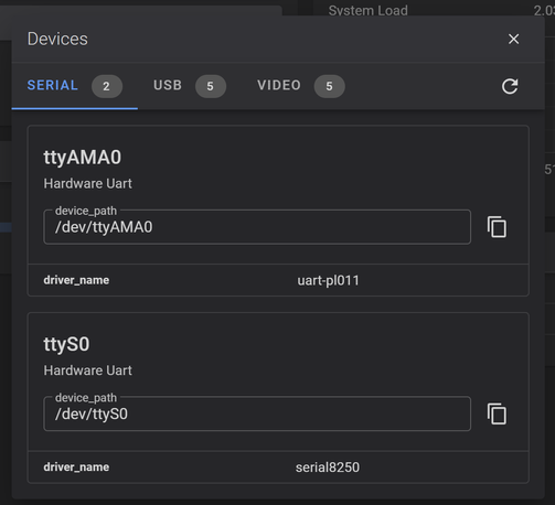 Devices dialog showing the serial path to an MCU