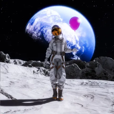 An astronaut in a space suit with a gold reflective visor standing on the moon, holding a violet balloon in her left hand, earth behind her in the sky.