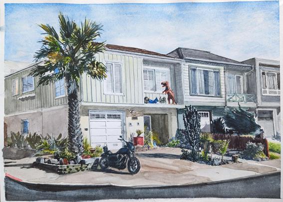 A watercolor painting of a light green mid-century modern home on a corner in San Francisco's Outer Sunset District, with neighboring houses to its right. To the left, in a stone-rimmed tree bed, is a large palm tree, and in front of that, a Harley Davidson motorcycle is parked nest to the driveway. Overhead, blue skies with a light, wispy marine layer.
