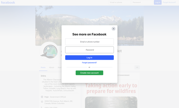 A screenshot of the ACRD Facebook page which is greyed out in the background as the “See More on Facebook” login and account creation prompt is at the forefront in the middle of the screen.
