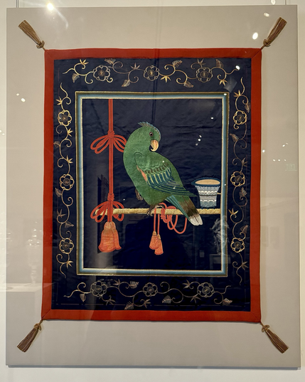 closeup of 1st work: Japanese Fukusa with embroidered green parrot design