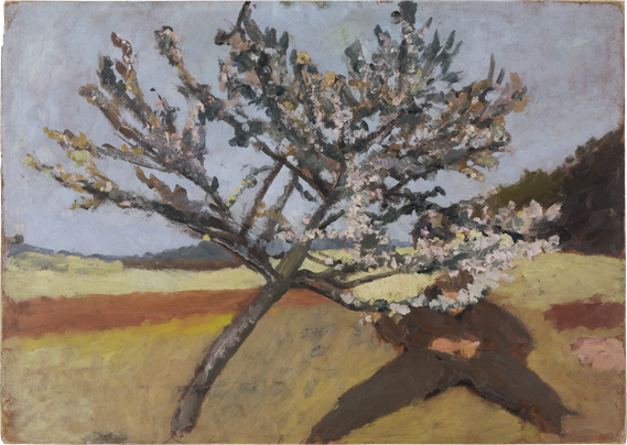 An Expressionist scene. A man, barely sketched in, seeming to be just a painted form on the ground, lies underneath a more realistically drawn tree in full bloom. The ground is in varying shades of brown, and in the background is a hint of a wooded hill against a blue-gray sky.