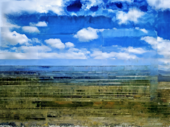 Country landscape, with a wall in front that is cloaked by an invisibility field that passes the landscape view almost perfectly to the viewer. Some brick shapes are visible.