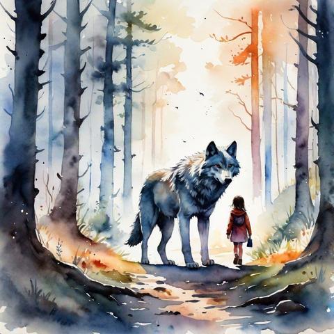 An image of a giant wolf meeting a little girl in the forest