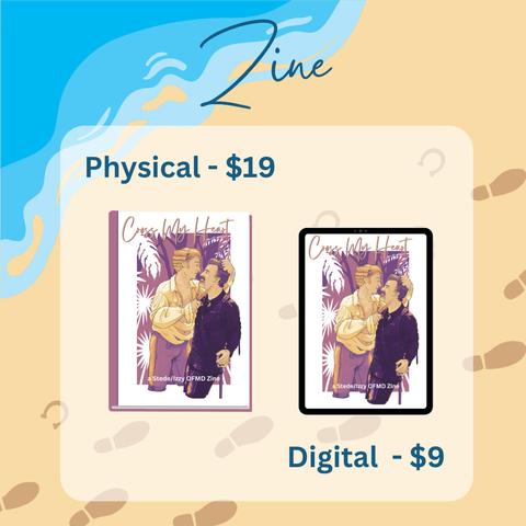 Same backgroud. Overlaid on it are the image and price of the physical zine text, at $19 and the image and price of the digital zine text, at 9$.

The image for both is the same: With graphical leaves in the background, Stede, his shirt cut open, is holding Izzy by the hair in one hand and has his knife at his throat with the other. Izzy is leaning back casually, they're looking into each other's eyes.