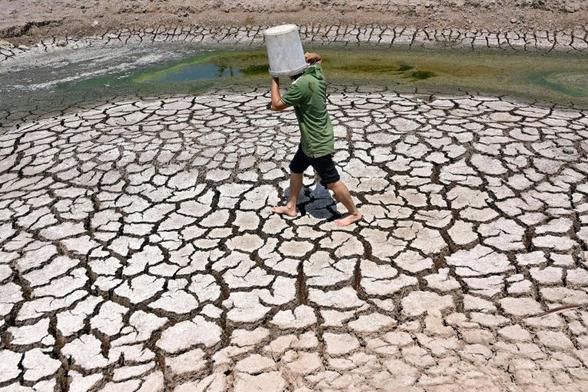 Once lush rice paddies in southern Vietnam now stand cracked and dry amid a blazing heatwave. A man walks across the cracked fields under the blazing sun with a empty bucket over his head.
