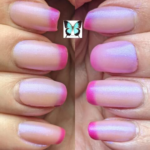 Fingers lined up, they are painted with a thermal polish that is pink when cold and white when hot, my nails are white in the pic with pink tips where my nail free edge is.