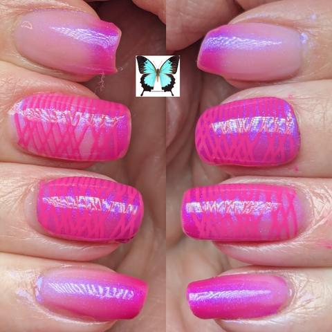 My nails are slightly colder so the pink colour is showing more, plus I stamped some lines on the middle nails in a pink.