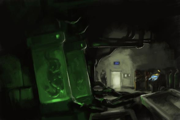 Digital painting of dark lab with a pair of green glowing vats, with creatures floating inside.