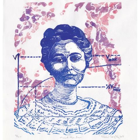 Linocut portrait of biochemist and medical researcher Maud Menten (1879-1960) with the Michalis-Menten equation in blue and a histology image in pinks and purples in the background.