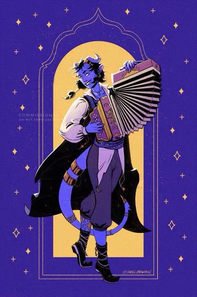 A digital drawing of a blue tiefling (demon-person) on a yellow and blue background dancing and playing the accordion.