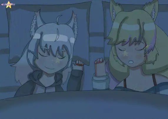 A drawing of two sleeping girls with animal ears: one has white hair, same color fox ears in a dark grey/pink pajamas, and the other one has curly blonde/pink hair, has yellow cat ears and wears white/blue striped shirt with red straps. The background is a white bedsheet with the same-colored pillows and blanket at nighttime.