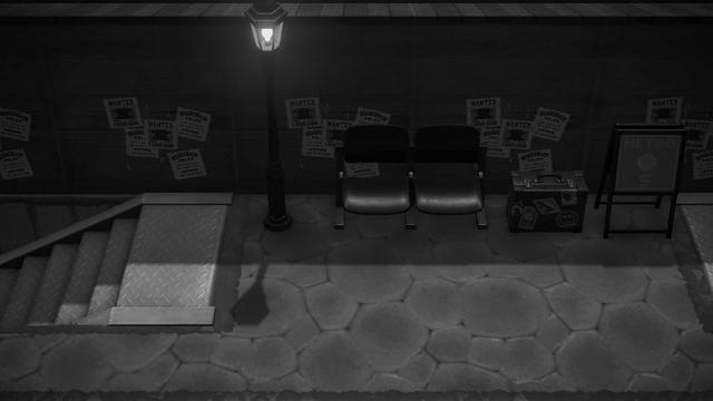 Animal Crossing: New Horizons screenshot. Black and white image of an area that looks like a bus stop or train stop. The a stone tile ground surface abuts a staircase to the left. A single streetlamp is lit next to a set of two attached chairs. To the immediate right of the chairs is a suitcase and next to that is a sign that says "Metro S."