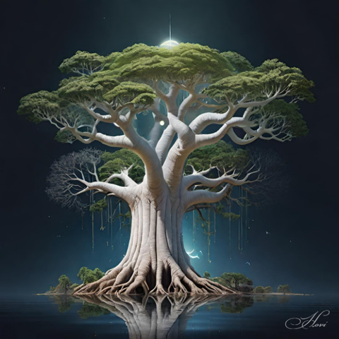 Meine Version vom Weltenbaum in Palworld. Sehr großer Baum (ähnlich einem Baobab) mit grünem Laub, der auf einer kleinen Insel steht und sich im Wasser spiegelt.