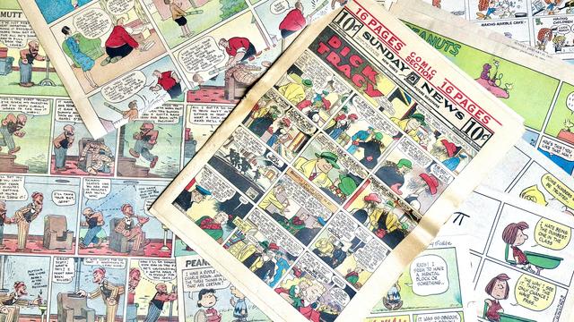 Pile of Sunday color comics pages from across more than a century, stacked cattywampus. On top, Dick Tracy.