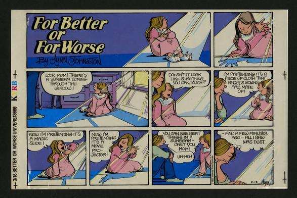 Color separation of comic For Better or For Worse for a Sunday reproduction, showing the composite of four layers (cyan, magenta, yellow, and black) aligned in this preview. The strip shows April sitting in a sunbeam.