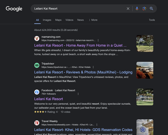 A screenshot of a google search results page with listings and reviews for leilani kai resort in maui, hawaii.
