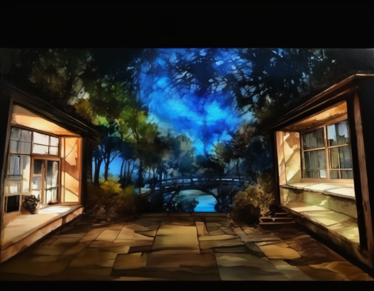 Two box-like habitat enclosures, each revealing lighted windows, face each other across a stone patio in blue night lighting. Beyond is a bridge over water and an abundance of trees.