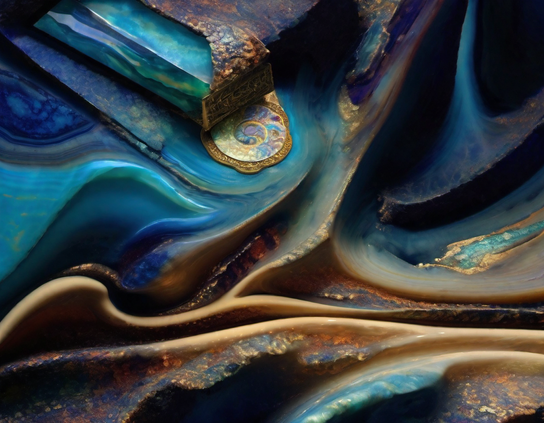 Sweeping bands of blue and gold hues create a liquid effect, evoking the image of melted gemstone formations with sparkling inclusions.