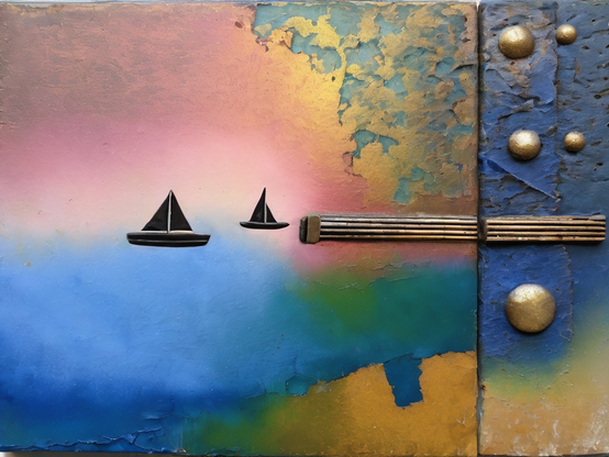 Sailboat silhouettes stamped over a color gradient sea on a textured, eroded wall, decorated with golden rivets and a grooved metallic bar.